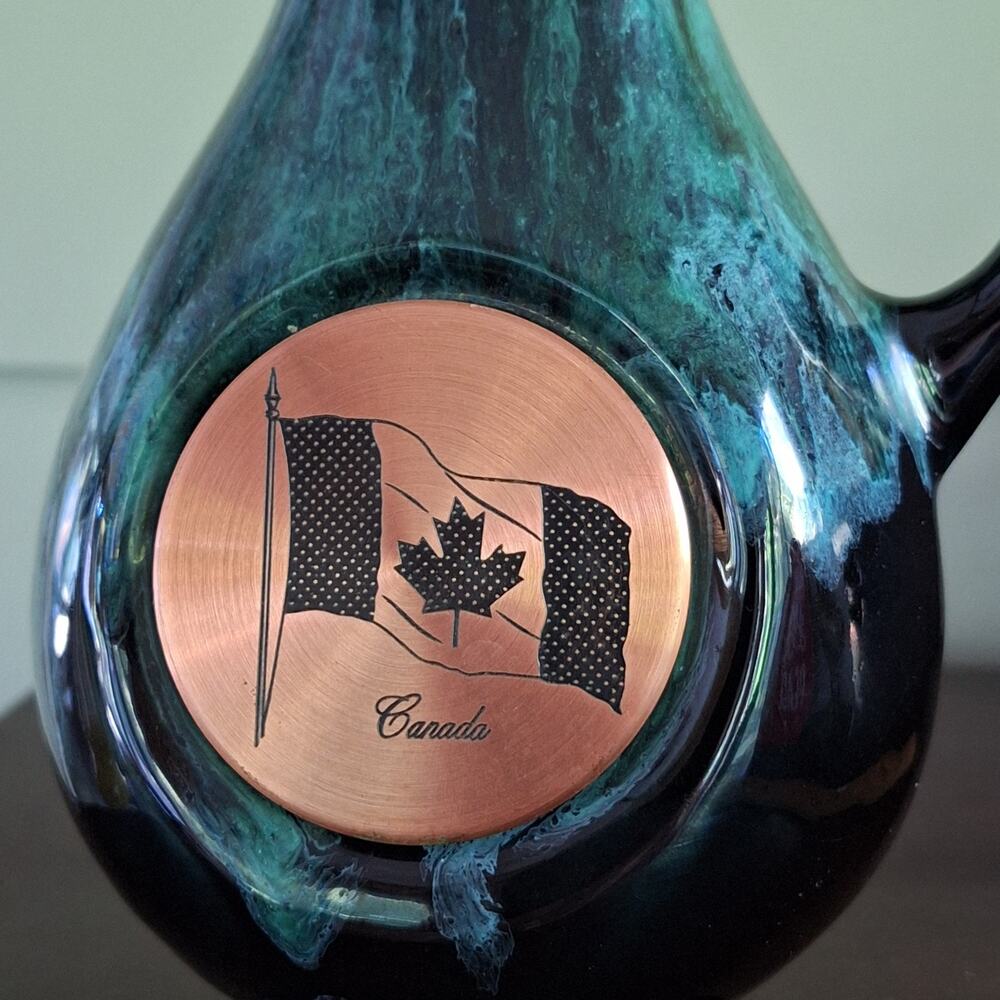 Vintage Canadian Drip Glaze Pitcher Green Black Jug Copper Flag Souvenir MCM